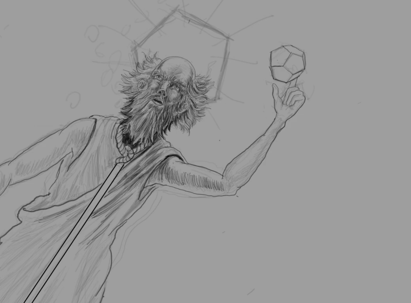 The piece in progress: the figure reaching upward with a strange many-sided solid raised to the light
