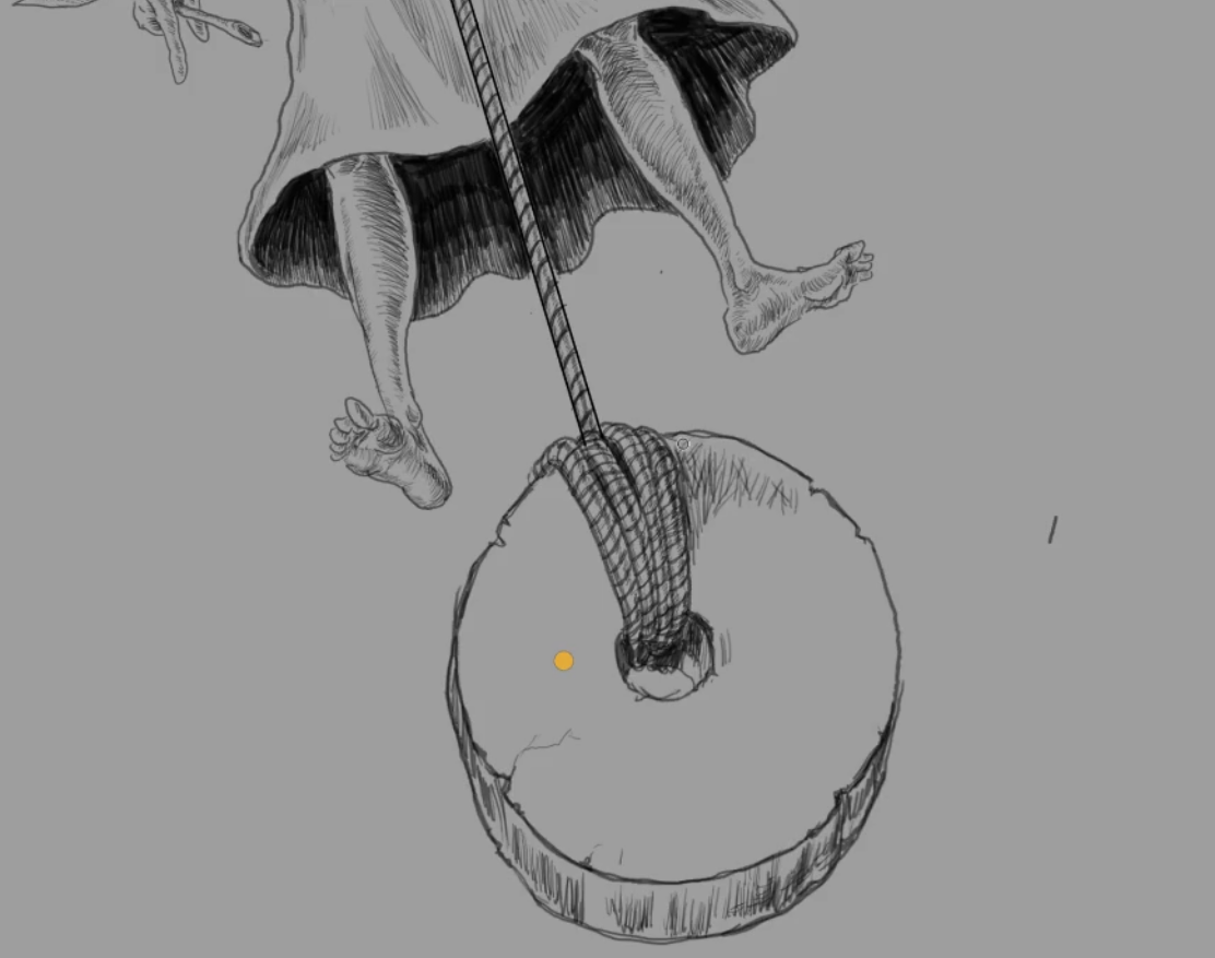 A millstone tied by a rope with the saint's body falling above it, the drowning stone that doubles as a wheel