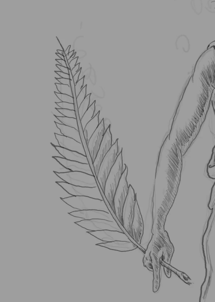 A long palm frond placed in the saint's hand, the martyr's attribute for victory over sin and death