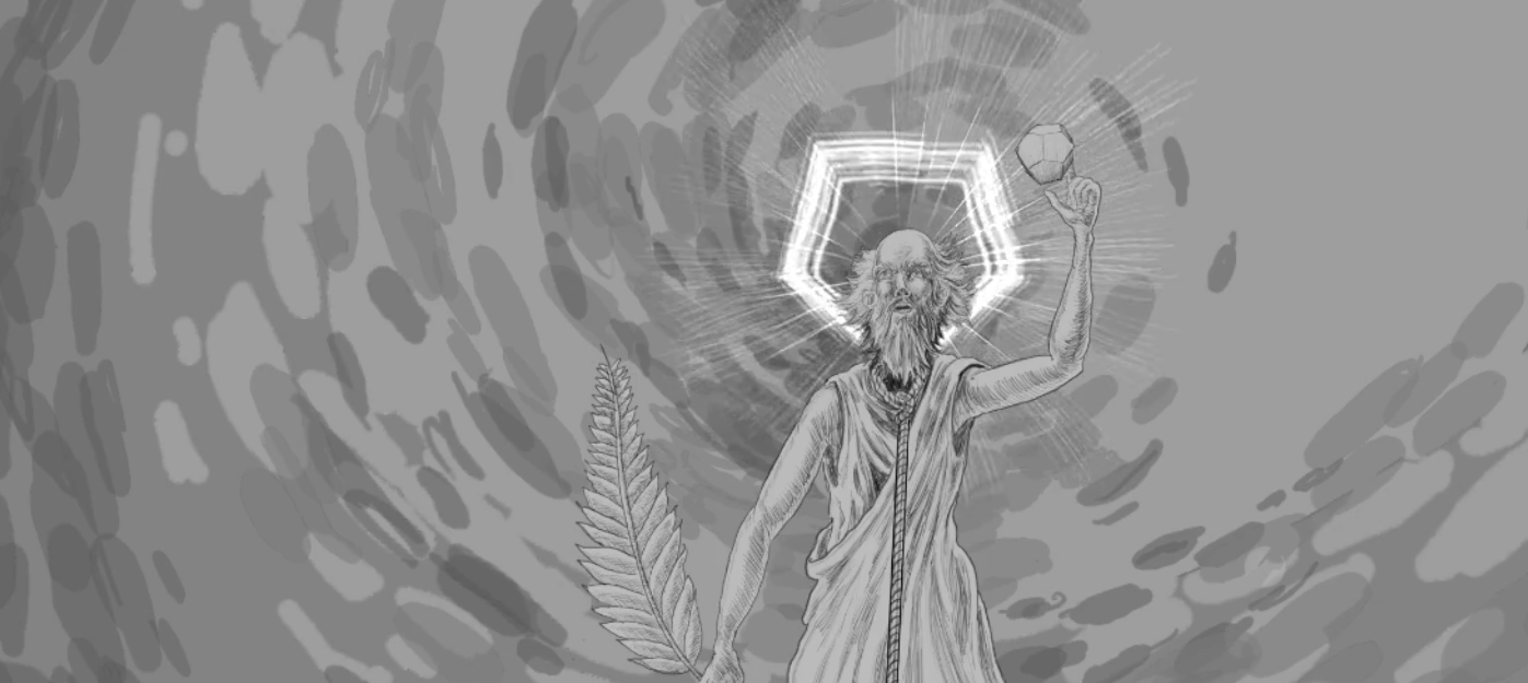 Hippasus crowned with a glowing pentagonal halo, the cult's own star, holding a solid aloft against a swirling ocean